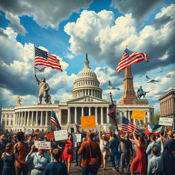 An artistic representation of the challenges faced by the American system, symbolizing various areas such as politics, economy, social justice, and environmental issues