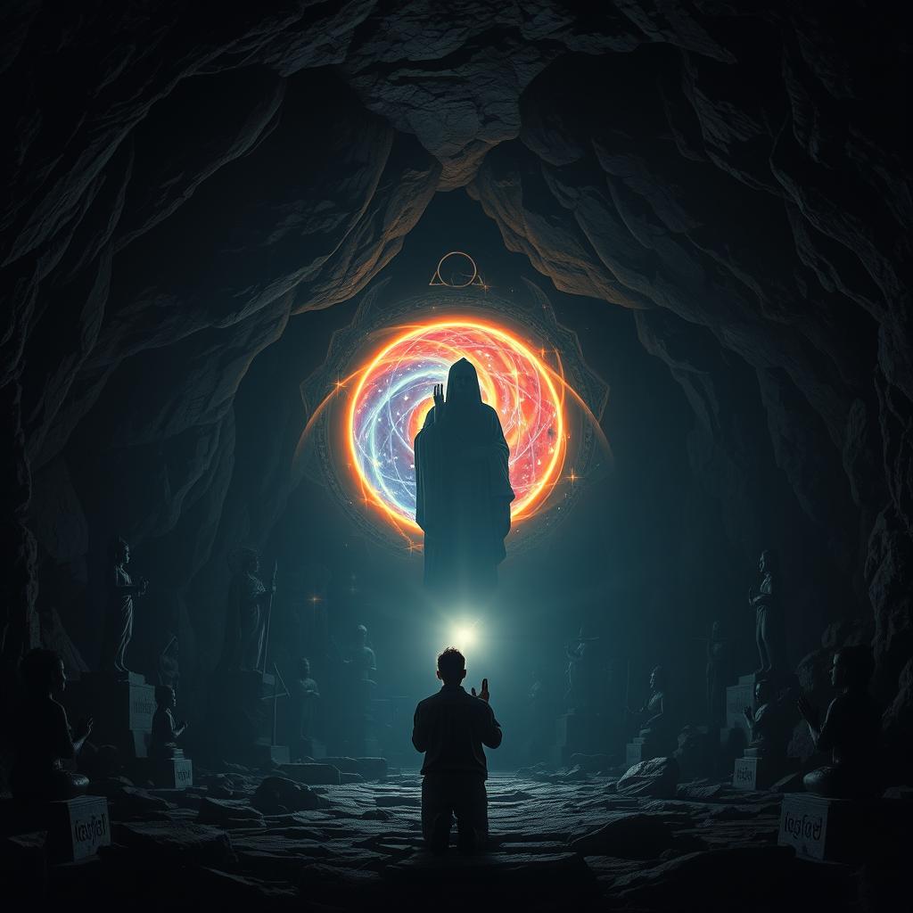 Inside a dark, mystical cave, various religious statues and symbols cast elongated shadows on the rocky walls