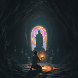 Inside a dark, mystical cave, various religious statues and symbols cast elongated shadows on the rocky walls