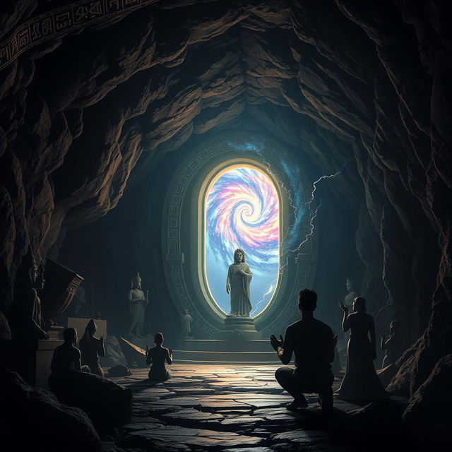 Inside a dark, mystical cave, various religious statues and symbols cast elongated shadows on the rocky walls