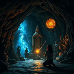 Inside a dark, mystical cave, various religious statues and symbols cast elongated shadows on the rocky walls