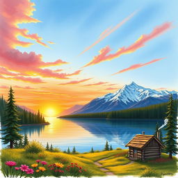 A detailed sketch image showcasing a serene mountain landscape at sunrise with vibrant hues of orange and pink in the sky