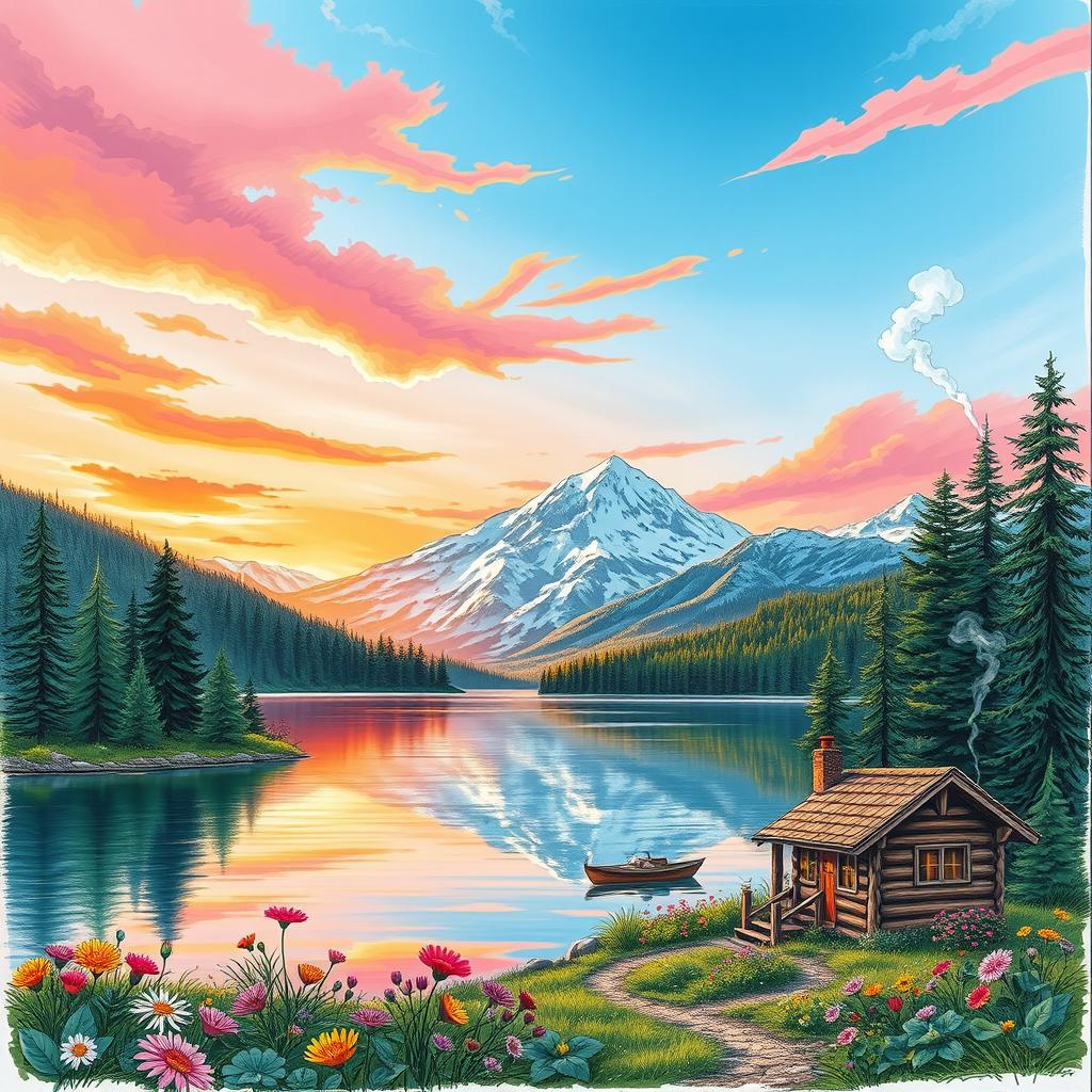 A detailed sketch image showcasing a serene mountain landscape at sunrise with vibrant hues of orange and pink in the sky