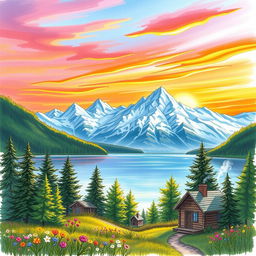 A detailed sketch image showcasing a serene mountain landscape at sunrise with vibrant hues of orange and pink in the sky