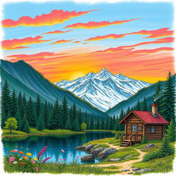 A detailed sketch image showcasing a serene mountain landscape at sunrise with vibrant hues of orange and pink in the sky