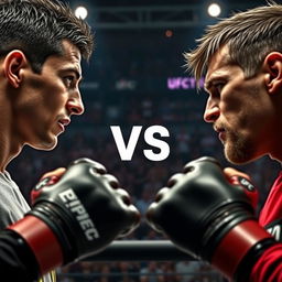 A cinematic scene featuring Cristiano Ronaldo and Lionel Messi, both looking intensely at each other, preparing to fight in a UFC club