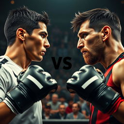 A cinematic scene featuring Cristiano Ronaldo and Lionel Messi, both looking intensely at each other, preparing to fight in a UFC club