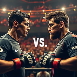 A cinematic scene featuring Cristiano Ronaldo and Lionel Messi, both looking intensely at each other, preparing to fight in a UFC club