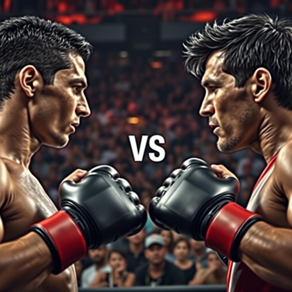 A cinematic scene featuring Cristiano Ronaldo and Lionel Messi, both looking intensely at each other, preparing to fight in a UFC club