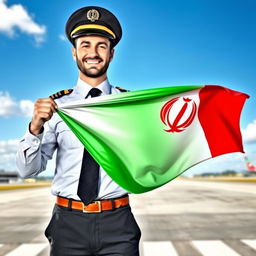 A confident male pilot standing proudly, holding the Persian flag in one hand