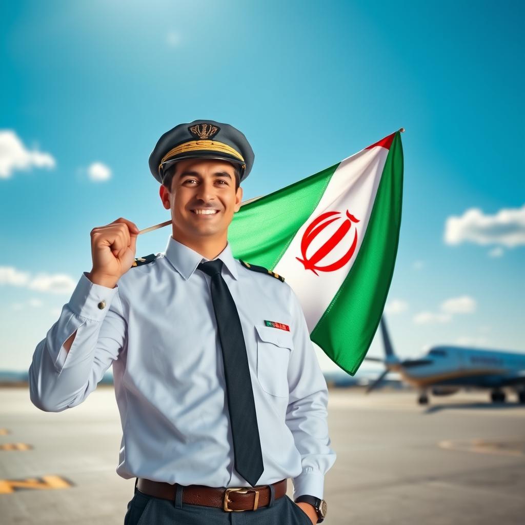 A confident male pilot standing proudly, holding the Persian flag in one hand