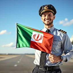 A confident male pilot standing proudly, holding the Persian flag in one hand