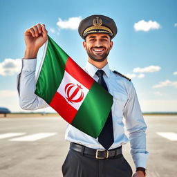 A confident male pilot standing proudly, holding the Persian flag in one hand