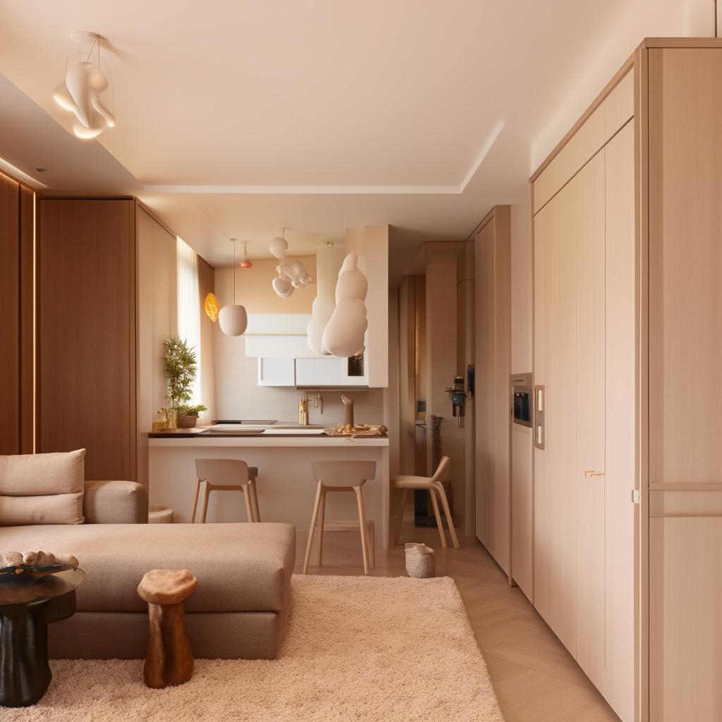 A studio-style living room seamlessly integrated with a cozy, small kitchen occupying an area of 30 square meters. Use warm colors, comfortable furniture and efficient space utilization.