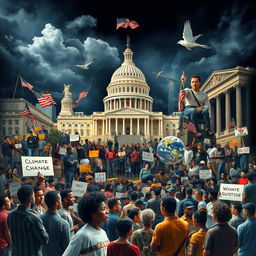 An artistic representation of the challenges faced by the American system, focusing on key areas like political polarization, economic inequality, social justice movements, and climate change activism