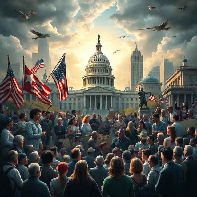 An artistic representation of the challenges faced by the American system, focusing on key areas like political polarization, economic inequality, social justice movements, and climate change activism