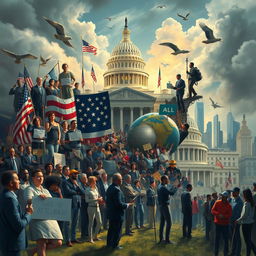 An artistic representation of the challenges faced by the American system, focusing on key areas like political polarization, economic inequality, social justice movements, and climate change activism