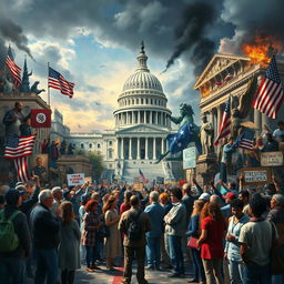 An artistic representation of the challenges faced by the American system, focusing on key areas like political polarization, economic inequality, social justice movements, and climate change activism