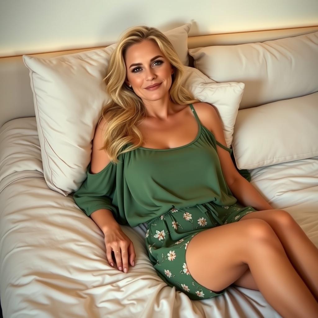 A blonde woman in her 30s, size 16, lies comfortably on a bed