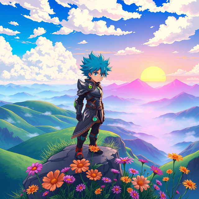 A colorful and vibrant anime scene featuring a heroic character standing on a cliff overlooking a breathtaking landscape