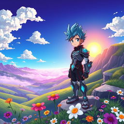 A colorful and vibrant anime scene featuring a heroic character standing on a cliff overlooking a breathtaking landscape