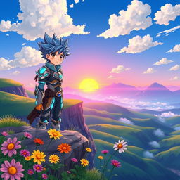 A colorful and vibrant anime scene featuring a heroic character standing on a cliff overlooking a breathtaking landscape