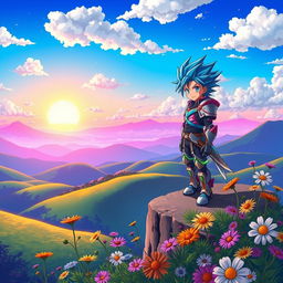 A colorful and vibrant anime scene featuring a heroic character standing on a cliff overlooking a breathtaking landscape