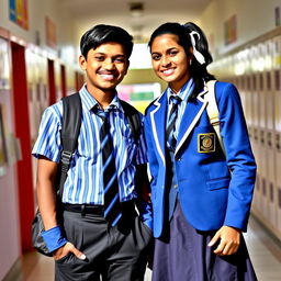Two Indian teenagers in their school uniforms, standing together in a cheerful pose