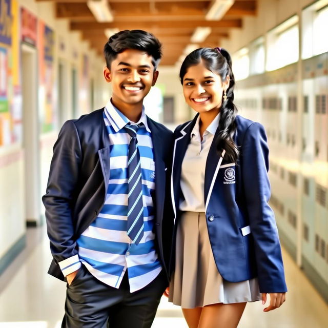 Two Indian teenagers in their school uniforms, standing together in a cheerful pose