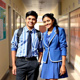 Two Indian teenagers in their school uniforms, standing together in a cheerful pose