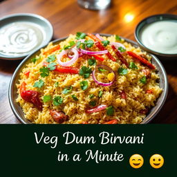 A delicious and alluring plate of veg dum biryani, beautifully garnished with fresh cilantro, crispy onions, and vibrant veggies