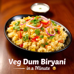 A delicious and alluring plate of veg dum biryani, beautifully garnished with fresh cilantro, crispy onions, and vibrant veggies