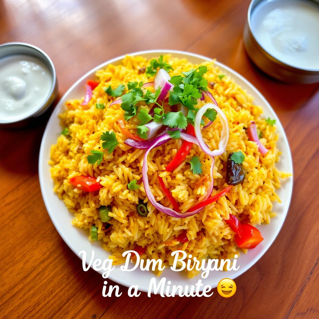 A delicious and alluring plate of veg dum biryani, beautifully garnished with fresh cilantro, crispy onions, and vibrant veggies