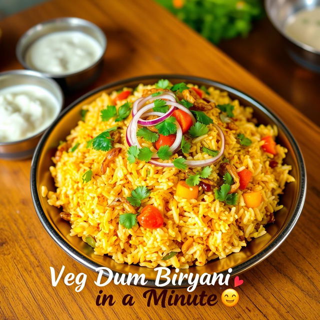 A delicious and alluring plate of veg dum biryani, beautifully garnished with fresh cilantro, crispy onions, and vibrant veggies