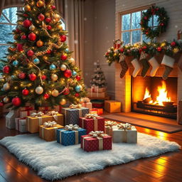 A cozy Christmas scene featuring a beautifully decorated living room with a large tree adorned with colorful ornaments and twinkling lights