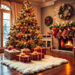 A cozy Christmas scene featuring a beautifully decorated living room with a large tree adorned with colorful ornaments and twinkling lights