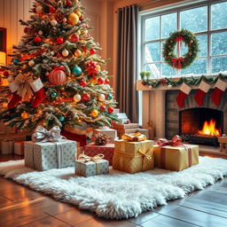 A cozy Christmas scene featuring a beautifully decorated living room with a large tree adorned with colorful ornaments and twinkling lights