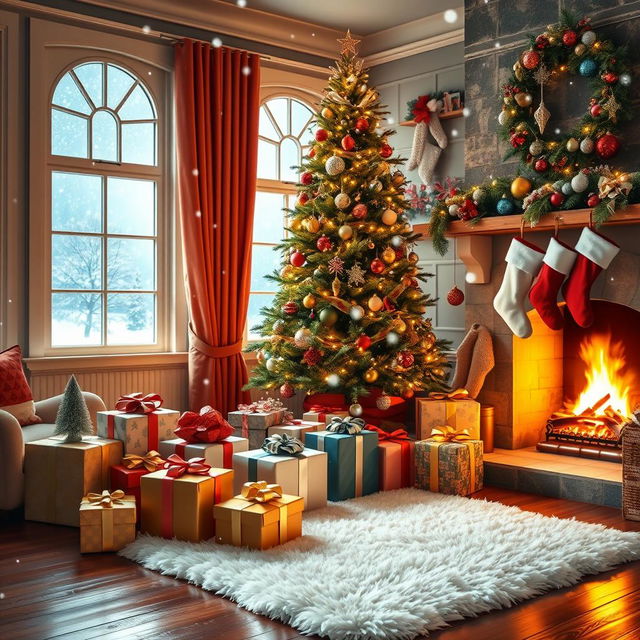 A cozy Christmas scene featuring a beautifully decorated living room with a large tree adorned with colorful ornaments and twinkling lights