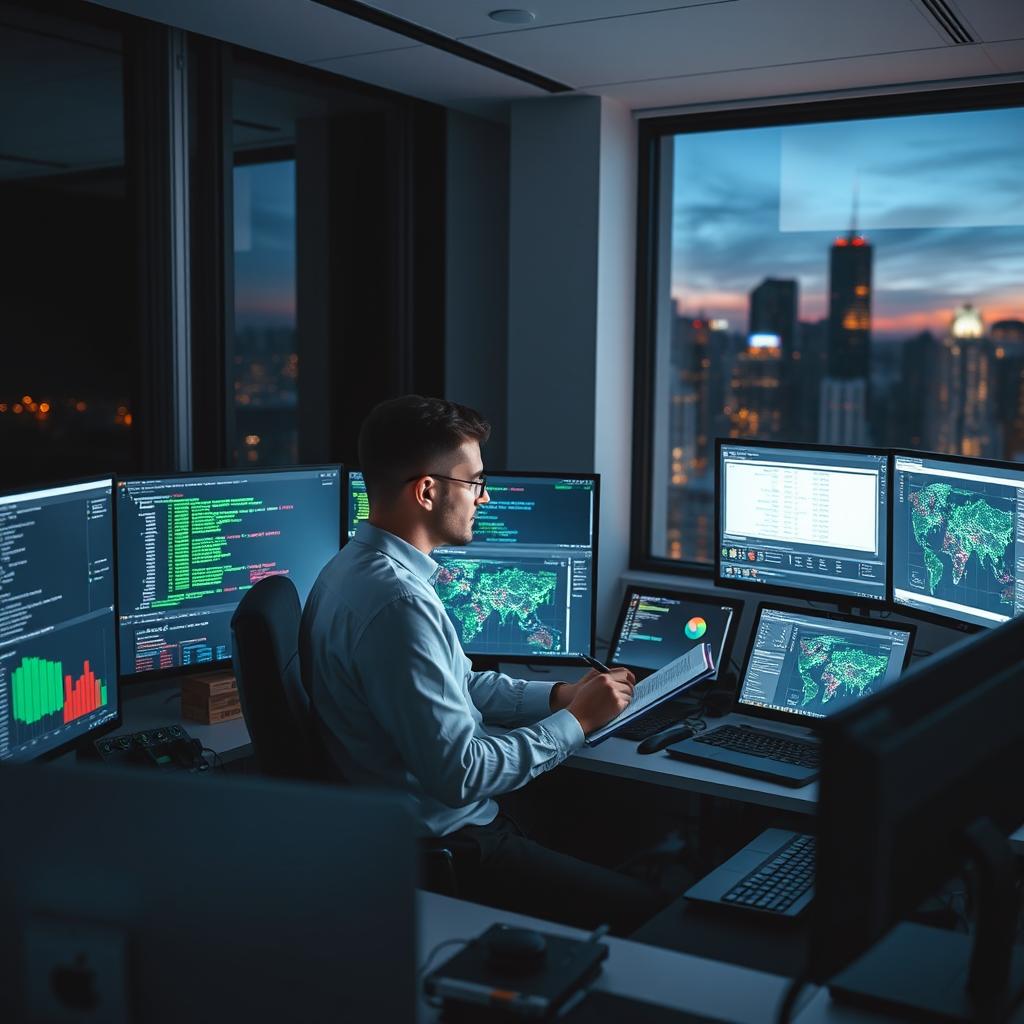 A cybersecurity professional conducting a vulnerability assessment and penetration testing session in a sleek, modern office filled with high-tech computer equipment