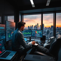 A cybersecurity professional conducting a vulnerability assessment and penetration testing session in a sleek, modern office filled with high-tech computer equipment