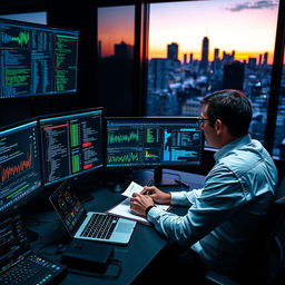 A cybersecurity professional conducting a vulnerability assessment and penetration testing session in a sleek, modern office filled with high-tech computer equipment
