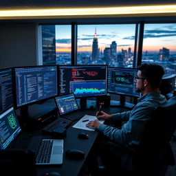 A cybersecurity professional conducting a vulnerability assessment and penetration testing session in a sleek, modern office filled with high-tech computer equipment