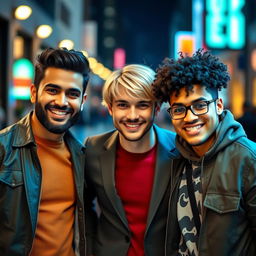 A group of three handsome men posing together, featuring diverse ethnicities: one with dark hair and a well-groomed beard in a stylish casual outfit, the second with medium-length blonde hair wearing a fitted blazer, and the third with curly hair dressed in a trendy streetwear look