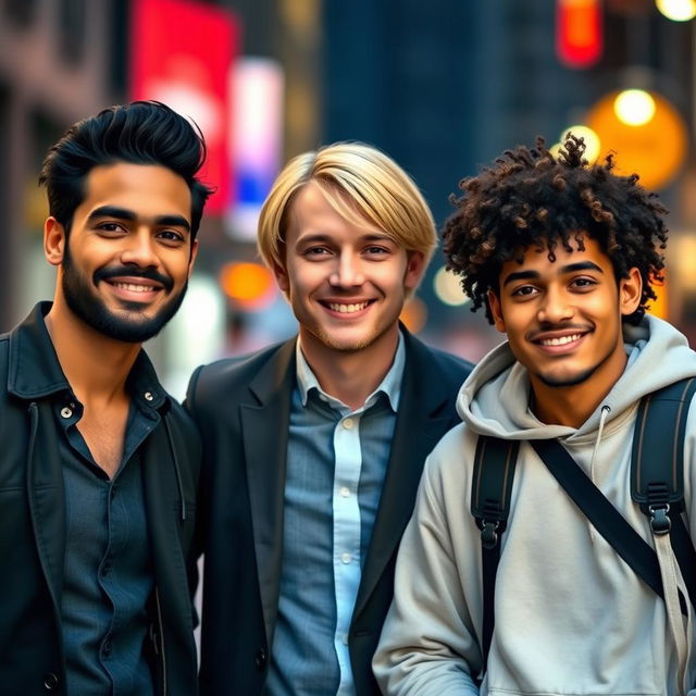 A group of three handsome men posing together, featuring diverse ethnicities: one with dark hair and a well-groomed beard in a stylish casual outfit, the second with medium-length blonde hair wearing a fitted blazer, and the third with curly hair dressed in a trendy streetwear look