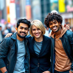 A group of three handsome men posing together, featuring diverse ethnicities: one with dark hair and a well-groomed beard in a stylish casual outfit, the second with medium-length blonde hair wearing a fitted blazer, and the third with curly hair dressed in a trendy streetwear look