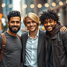 A group of three handsome men posing together, featuring diverse ethnicities: one with dark hair and a well-groomed beard in a stylish casual outfit, the second with medium-length blonde hair wearing a fitted blazer, and the third with curly hair dressed in a trendy streetwear look