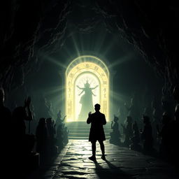 A mystical and dark cave setting filled with intricate shadows of various religious statues and symbols