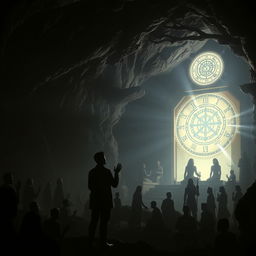 A mystical and dark cave setting filled with intricate shadows of various religious statues and symbols