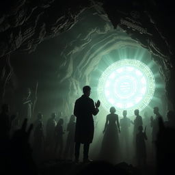 A mystical and dark cave setting filled with intricate shadows of various religious statues and symbols