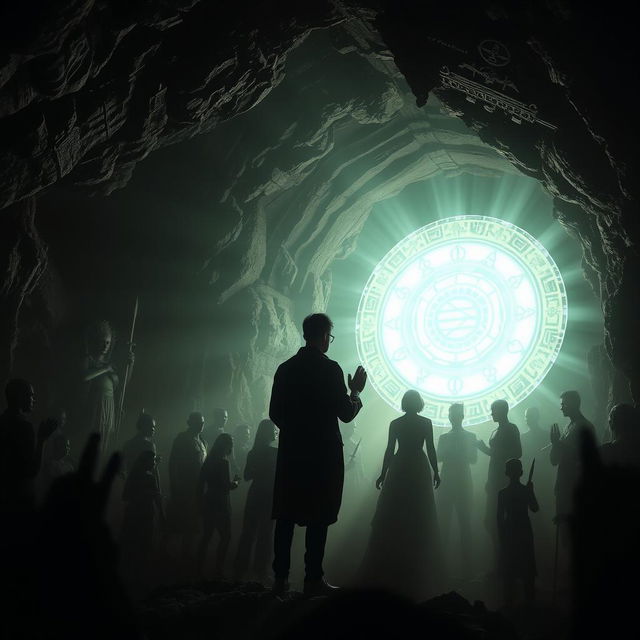 A mystical and dark cave setting filled with intricate shadows of various religious statues and symbols